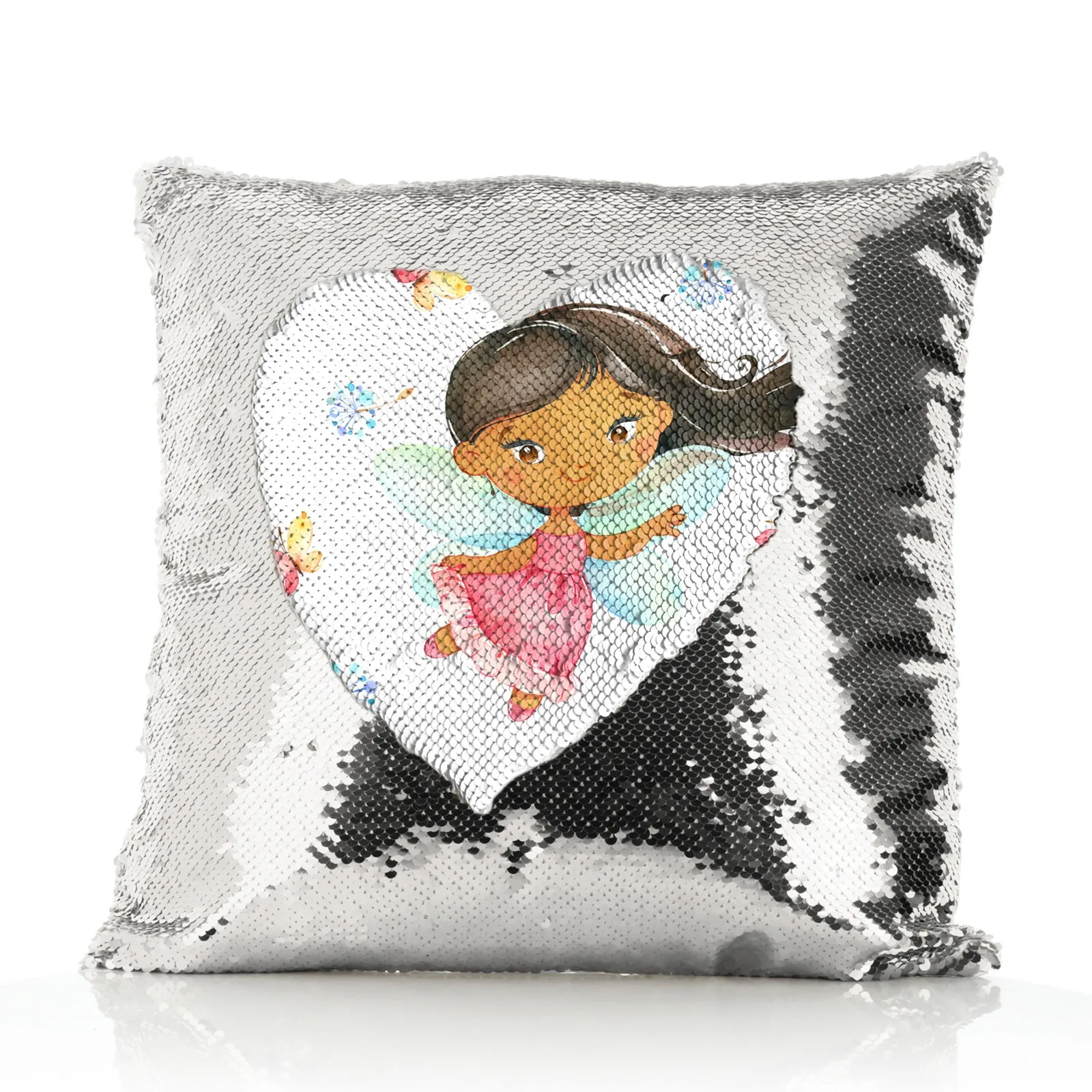 Personalised Sequin Cushion with Cute Text and Butterfly Flower Pink Dress Fairy