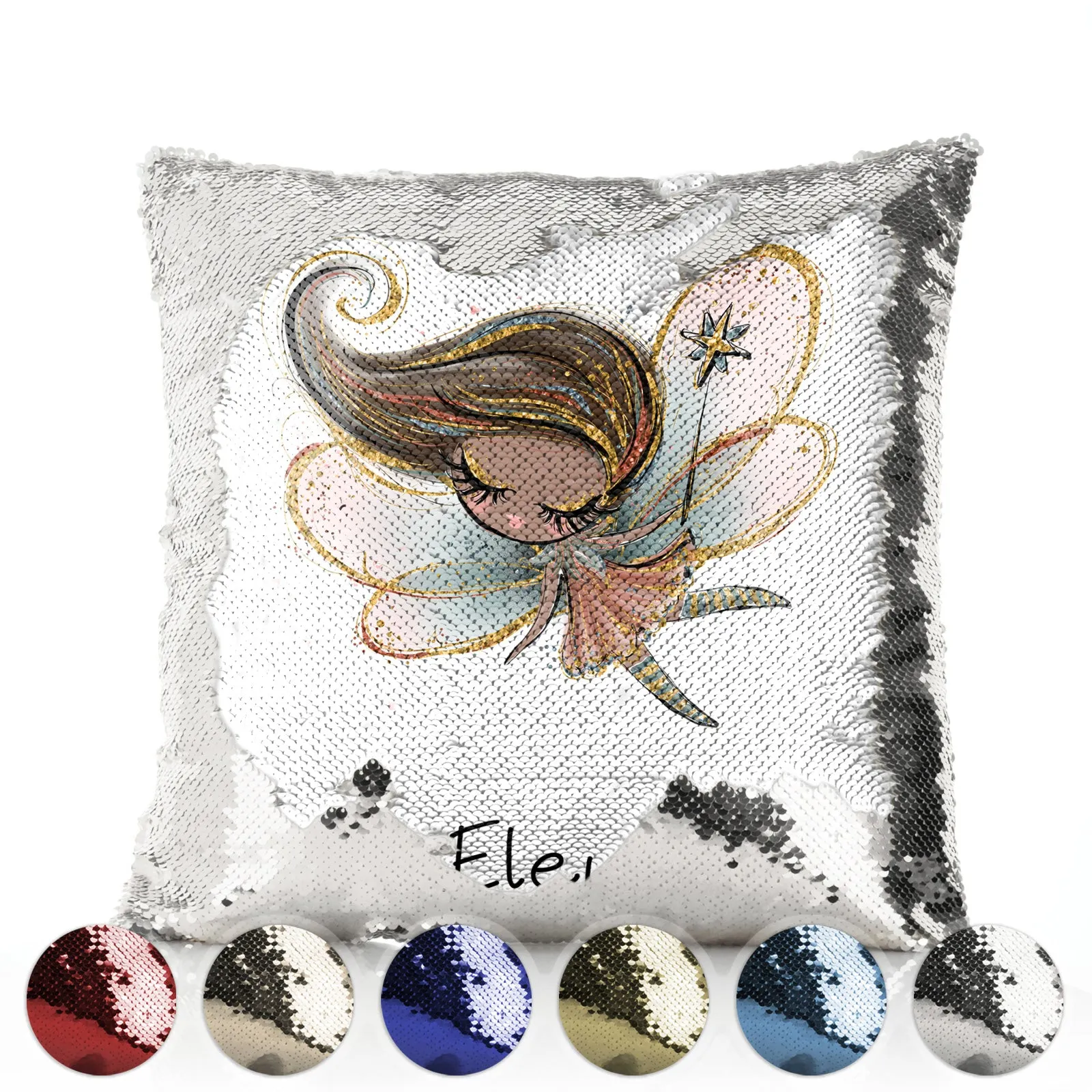 Personalised Sequin Cushion with Cute Text and Butterfly Flower Pink Dress Fairy