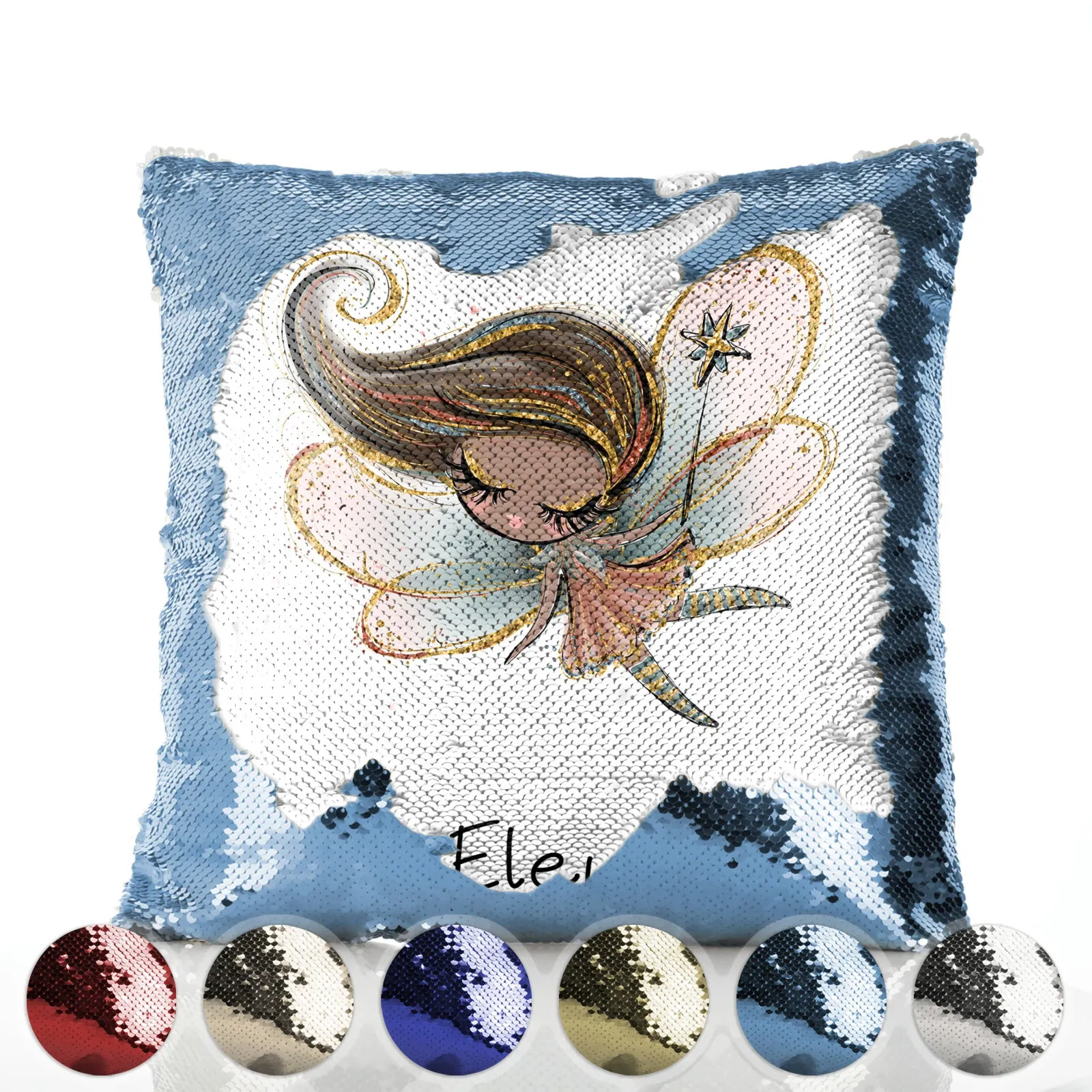 Personalised Sequin Cushion with Cute Text and Butterfly Flower Pink Dress Fairy