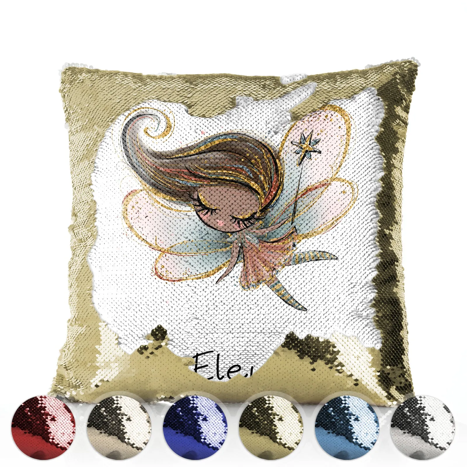 Personalised Sequin Cushion with Cute Text and Butterfly Flower Pink Dress Fairy