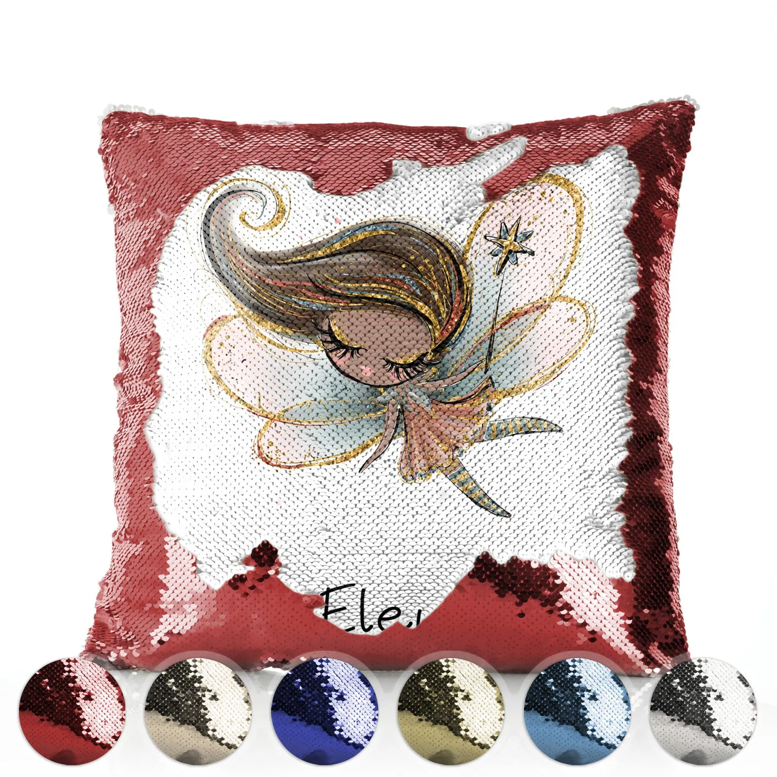 Personalised Sequin Cushion with Cute Text and Butterfly Flower Pink Dress Fairy