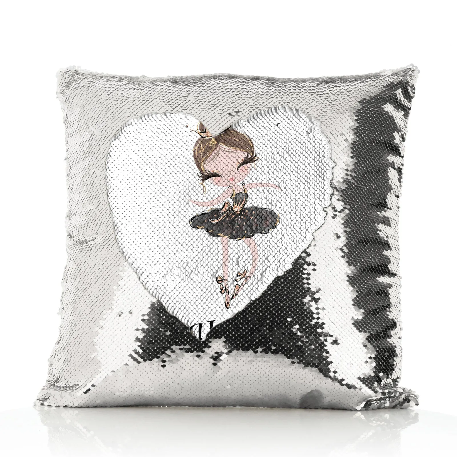 Personalised Sequin Cushion with Cute Text and Light Brown Hair Black Dress Tiara Ballerina