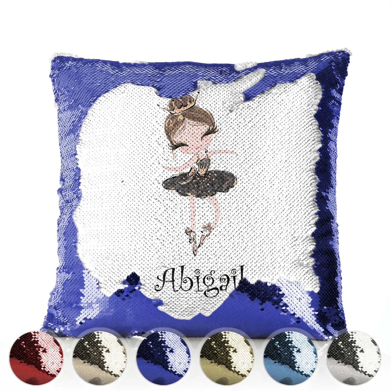 Personalised Sequin Cushion with Cute Text and Light Brown Hair Black Dress Tiara Ballerina