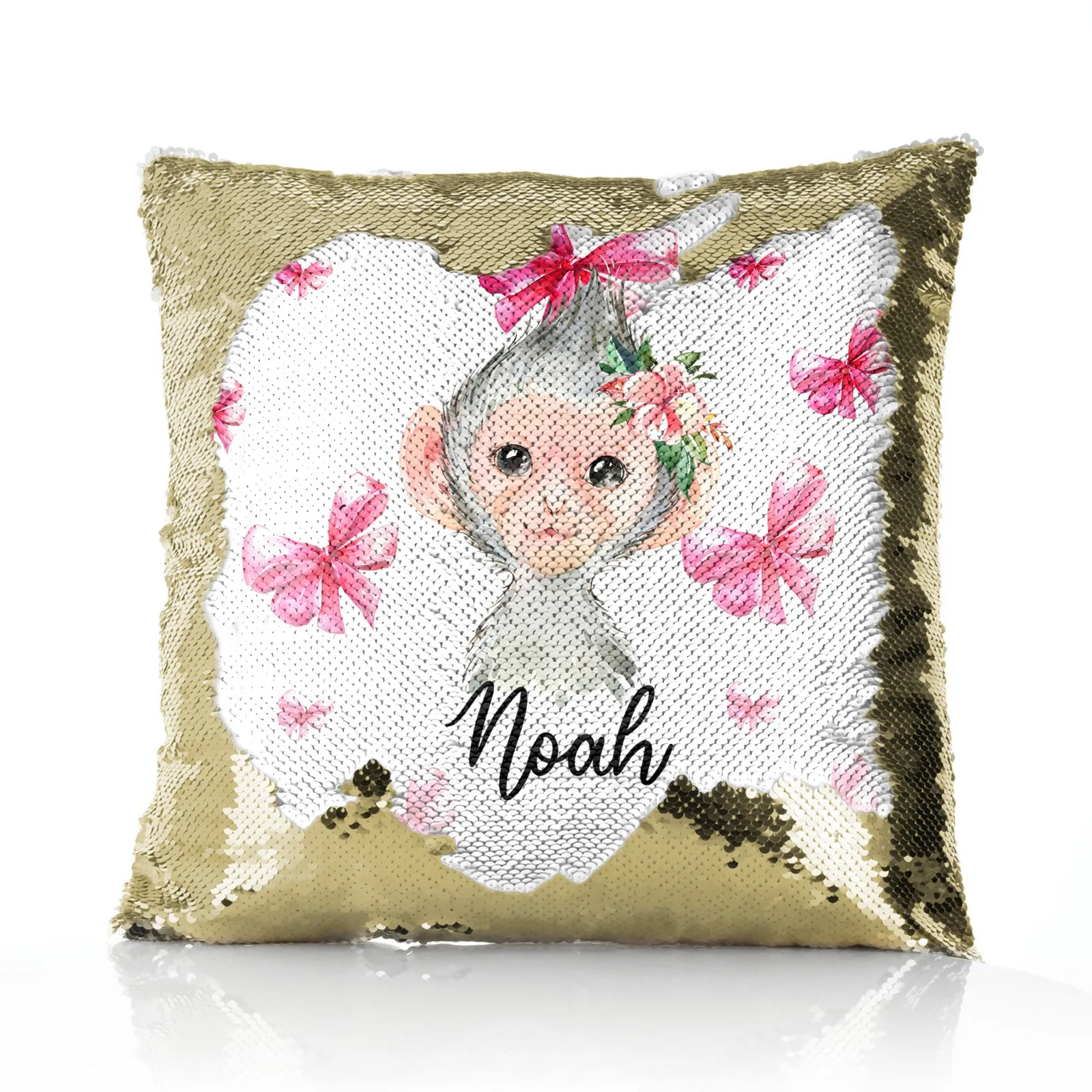 Personalised Sequin Cushion with Monkey Pink Bows and Cute Text