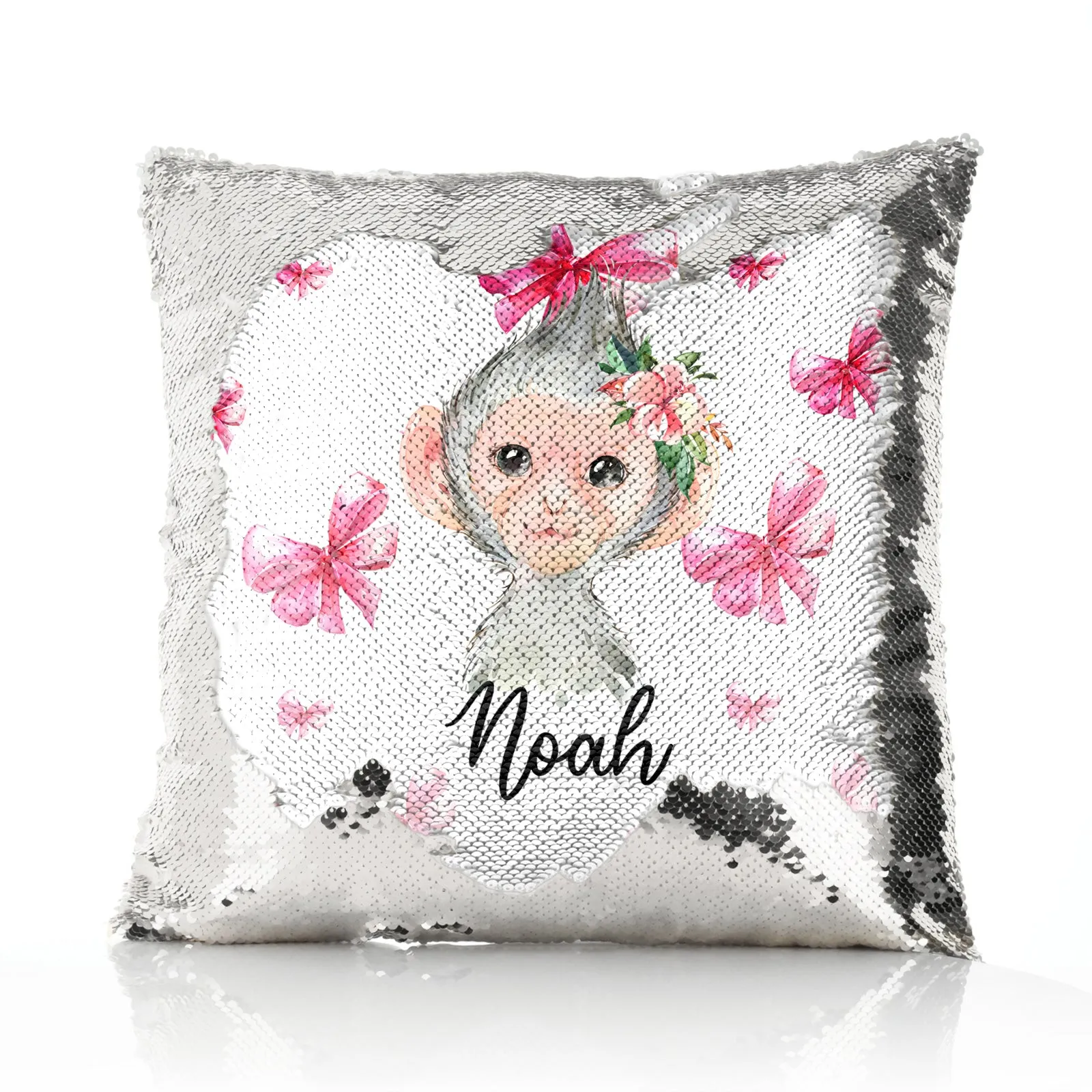 Personalised Sequin Cushion with Monkey Pink Bows and Cute Text