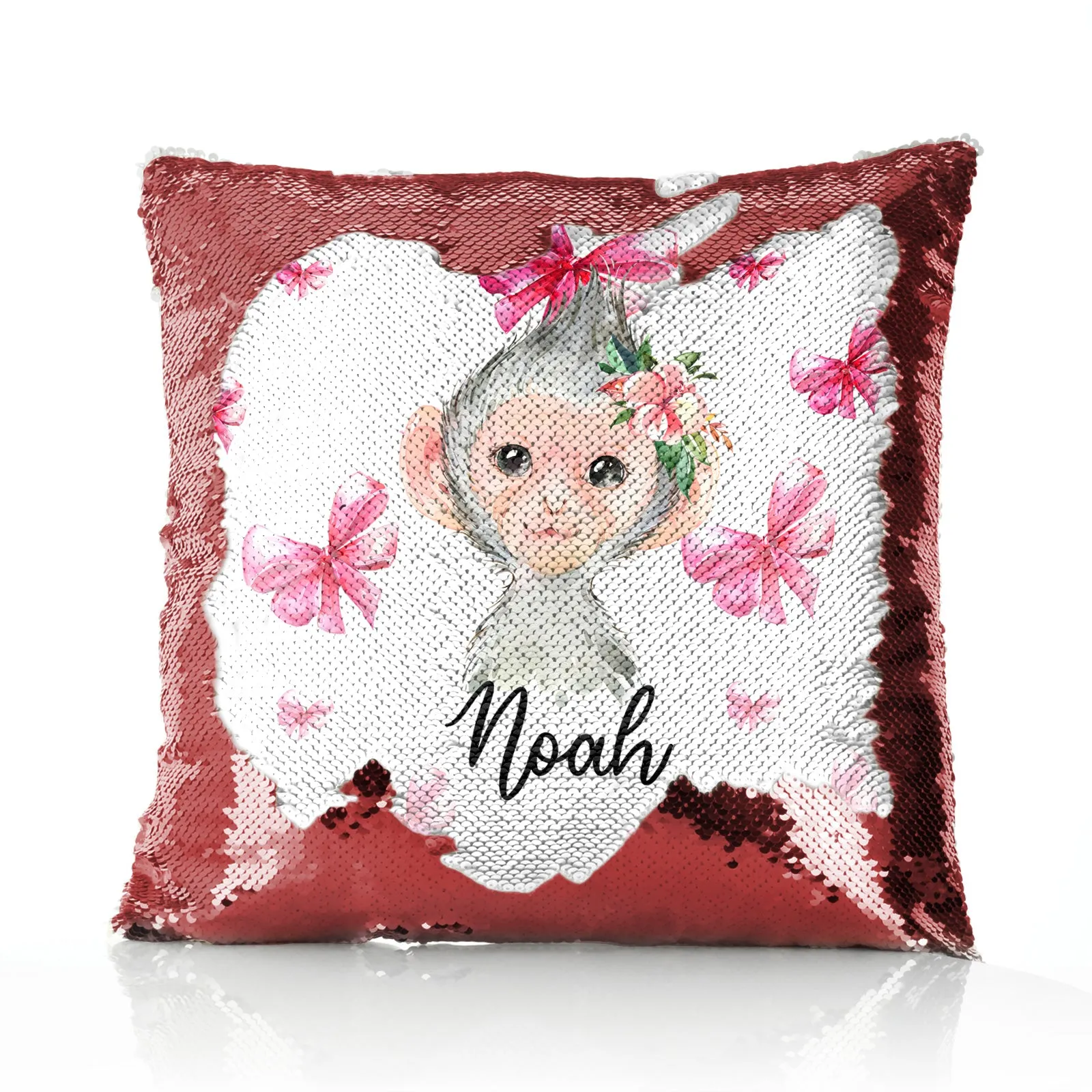 Personalised Sequin Cushion with Monkey Pink Bows and Cute Text