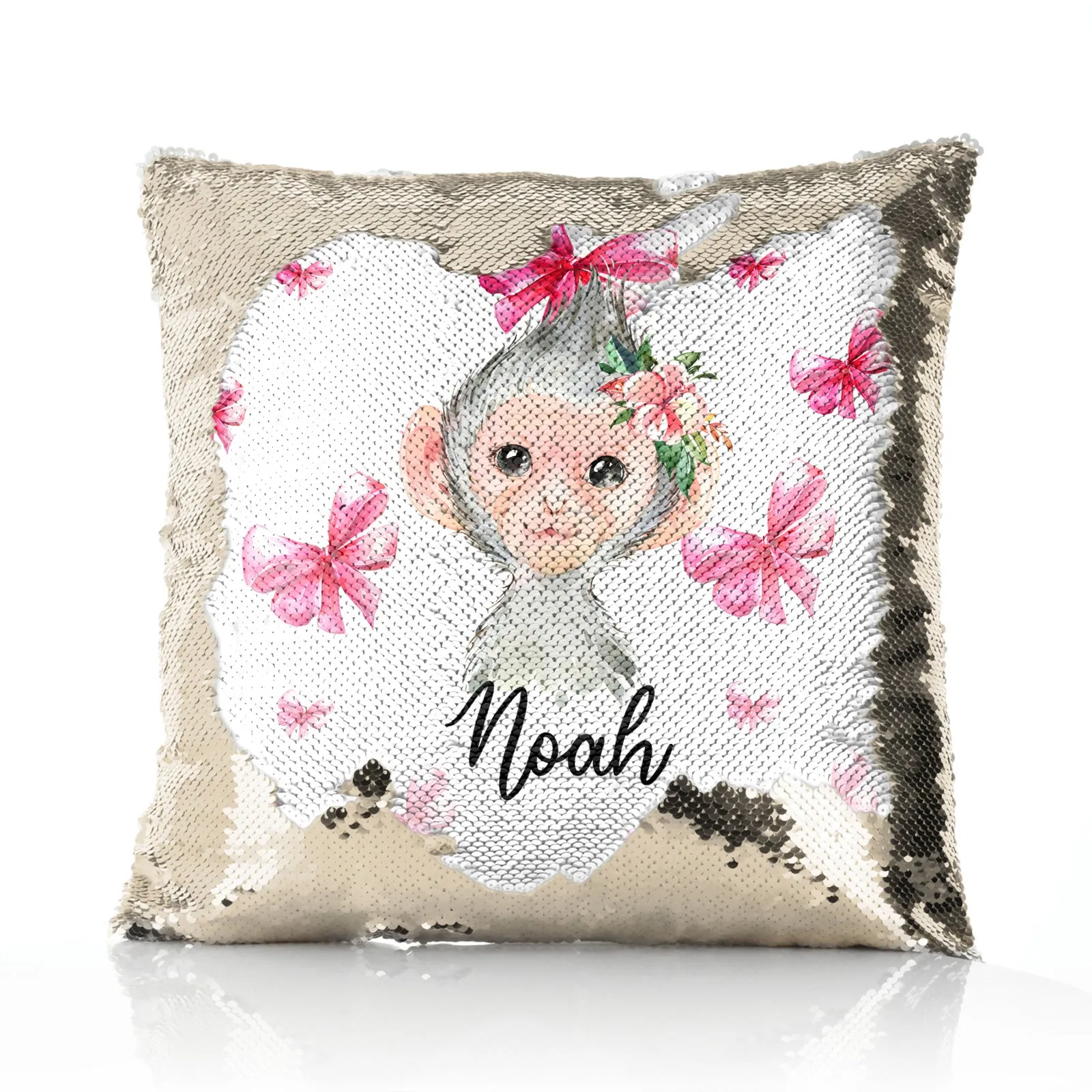 Personalised Sequin Cushion with Monkey Pink Bows and Cute Text