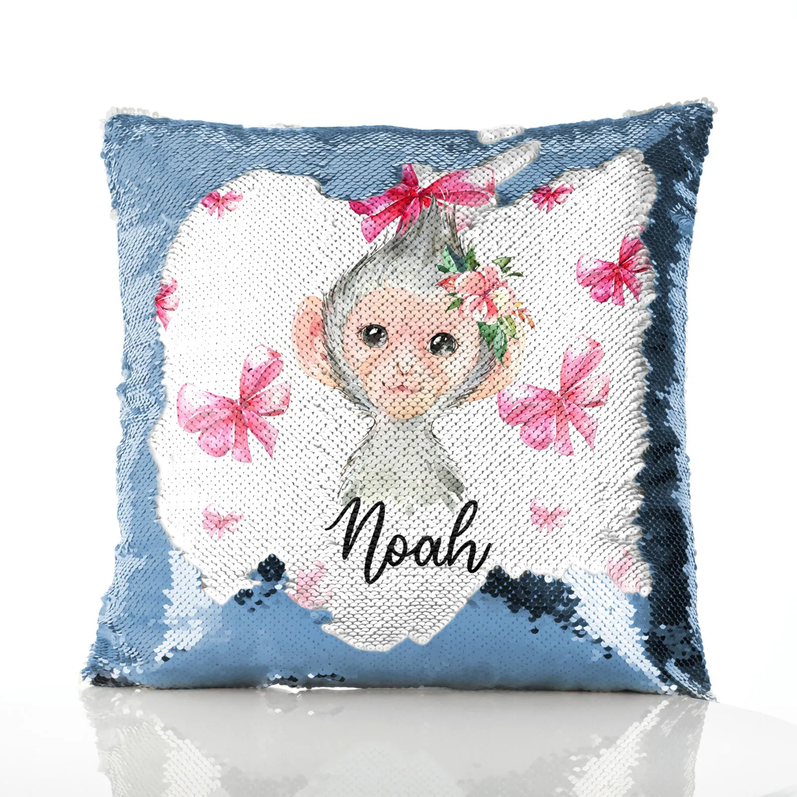 Personalised Sequin Cushion with Monkey Pink Bows and Cute Text