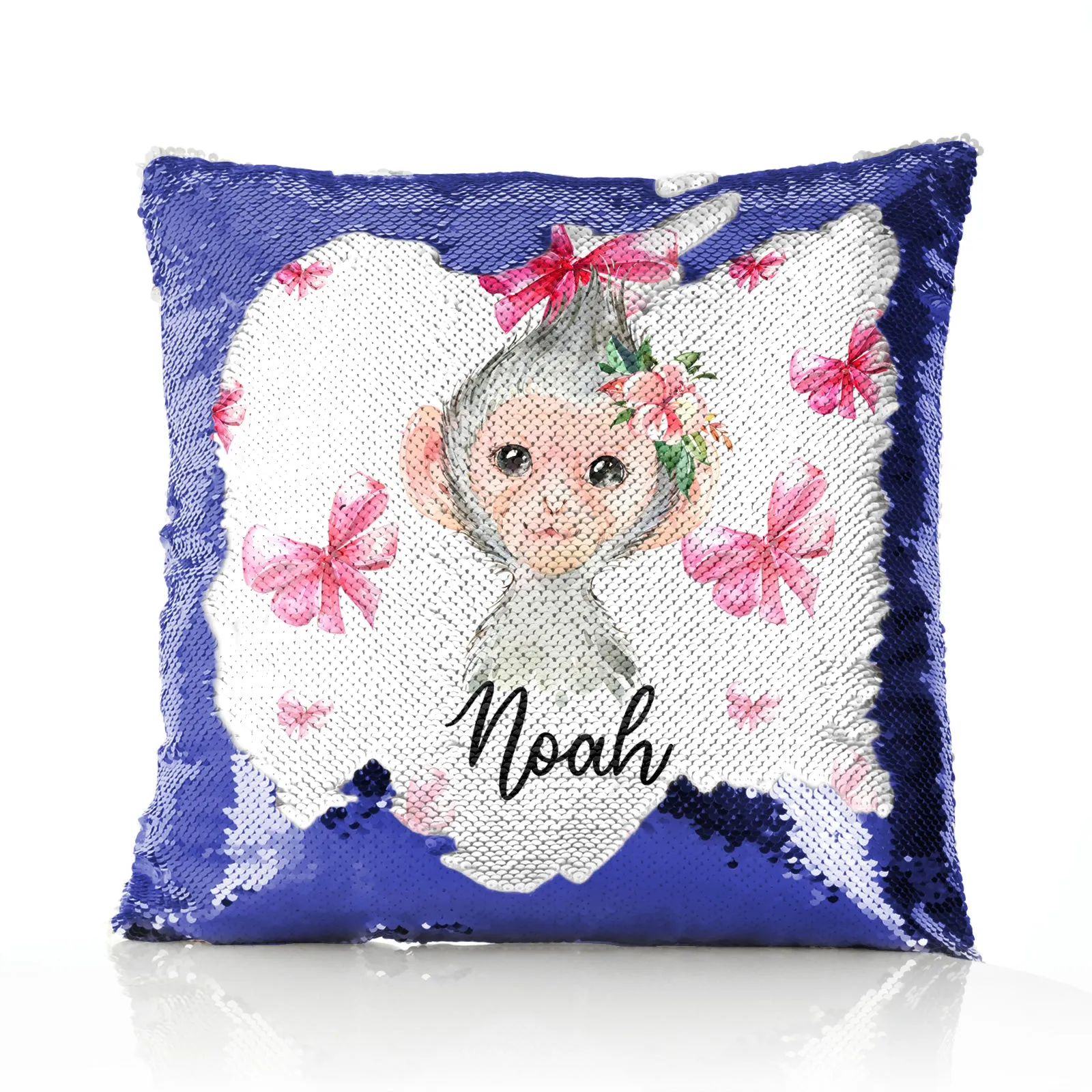 Personalised Sequin Cushion with Monkey Pink Bows and Cute Text