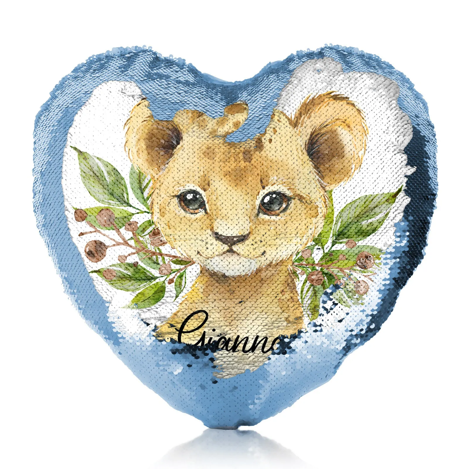 Personalised Sequin Heart Cushion with Lion Cub Olive Branch and Cute Text