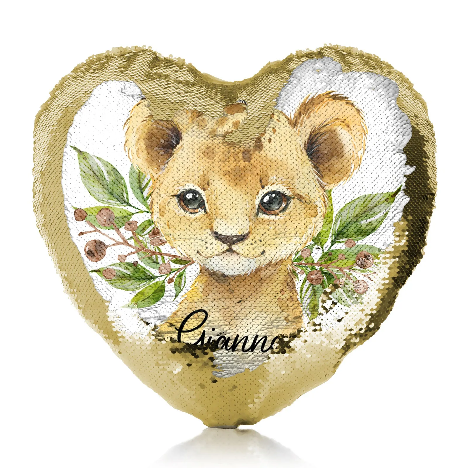 Personalised Sequin Heart Cushion with Lion Cub Olive Branch and Cute Text