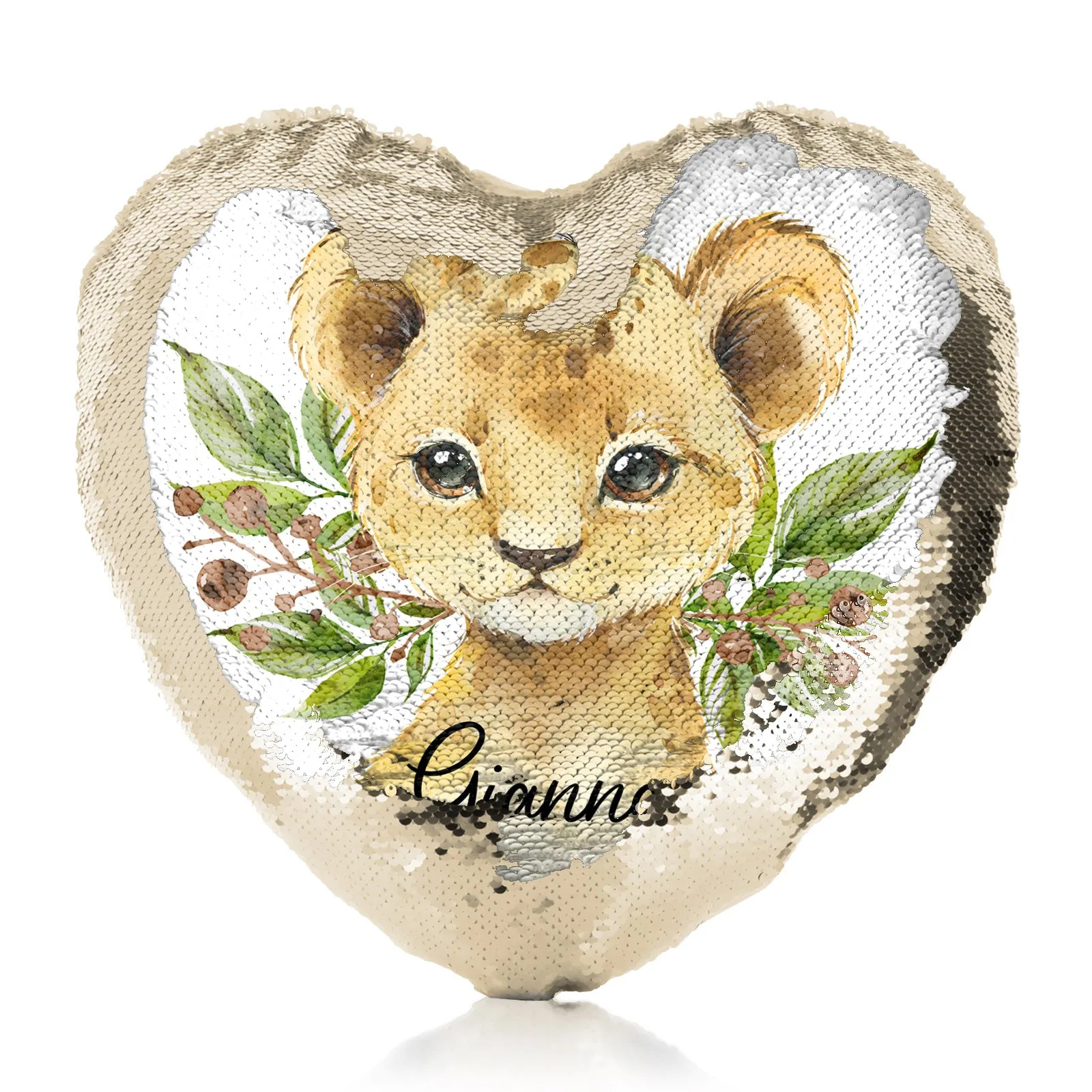 Personalised Sequin Heart Cushion with Lion Cub Olive Branch and Cute Text