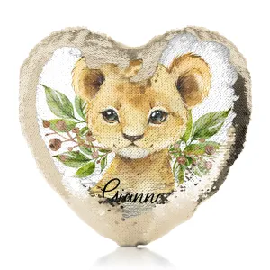 Personalised Sequin Heart Cushion with Lion Cub Olive Branch and Cute Text