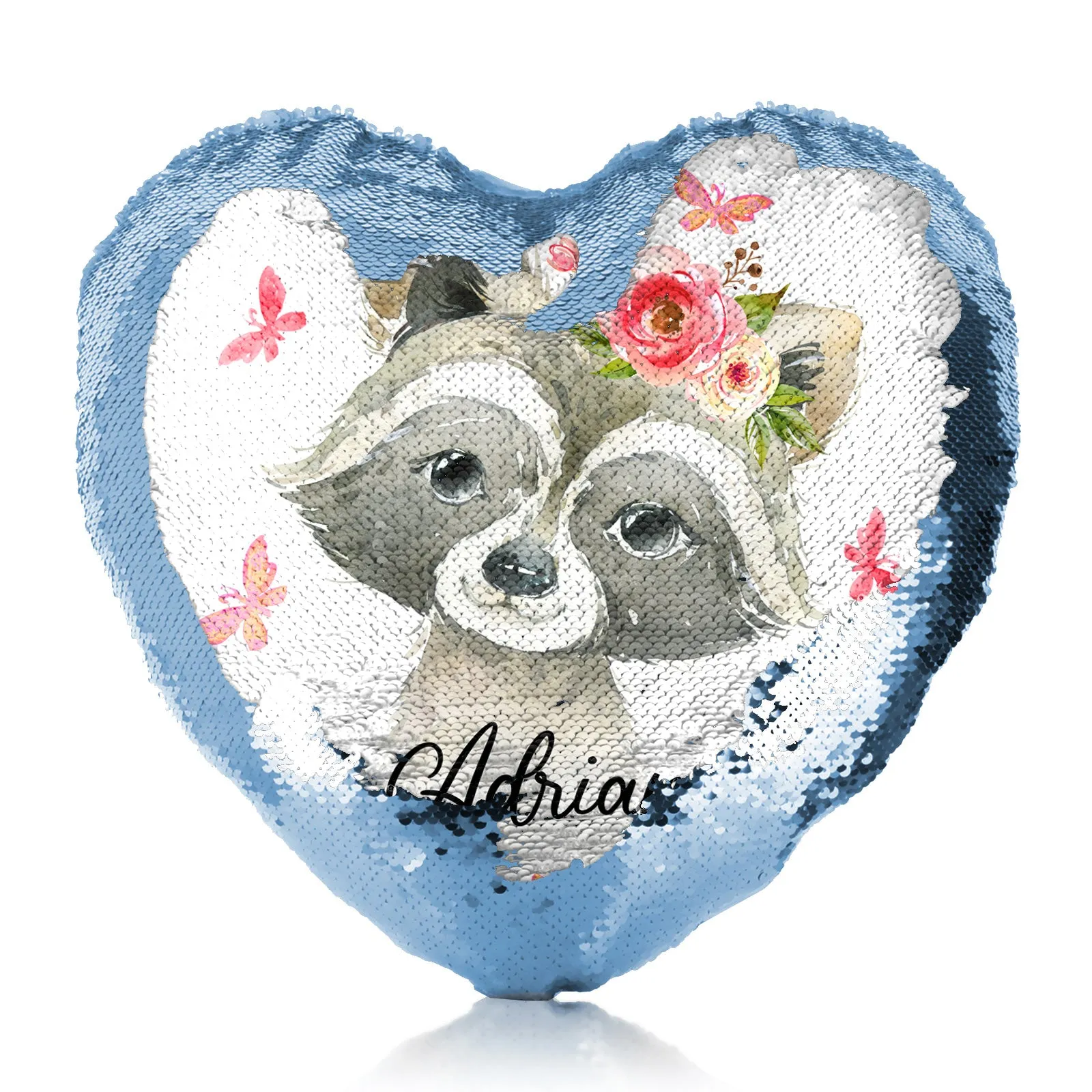 Personalised Sequin Heart Cushion with Raccoon Pink Butterfly Flowers and Cute Text