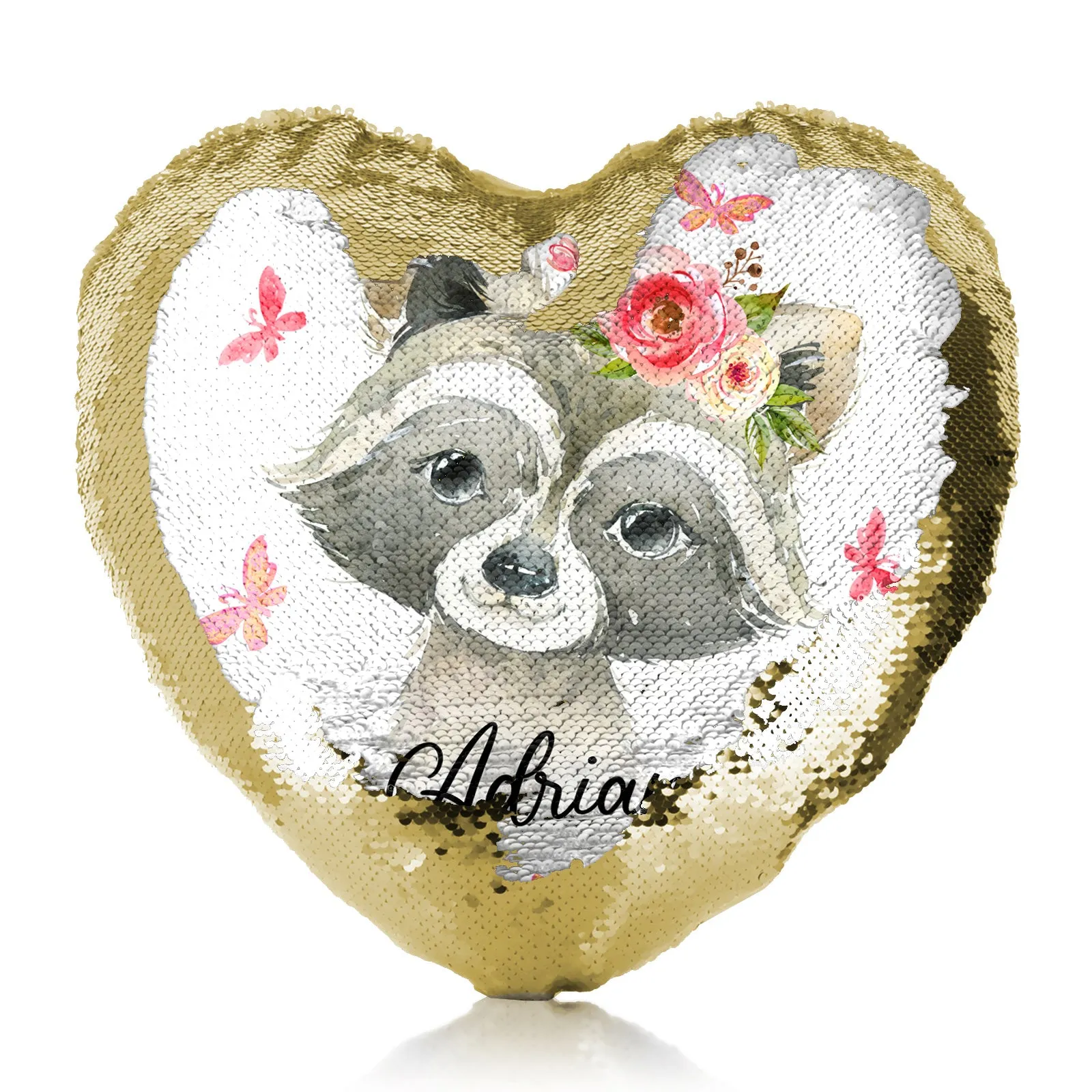 Personalised Sequin Heart Cushion with Raccoon Pink Butterfly Flowers and Cute Text