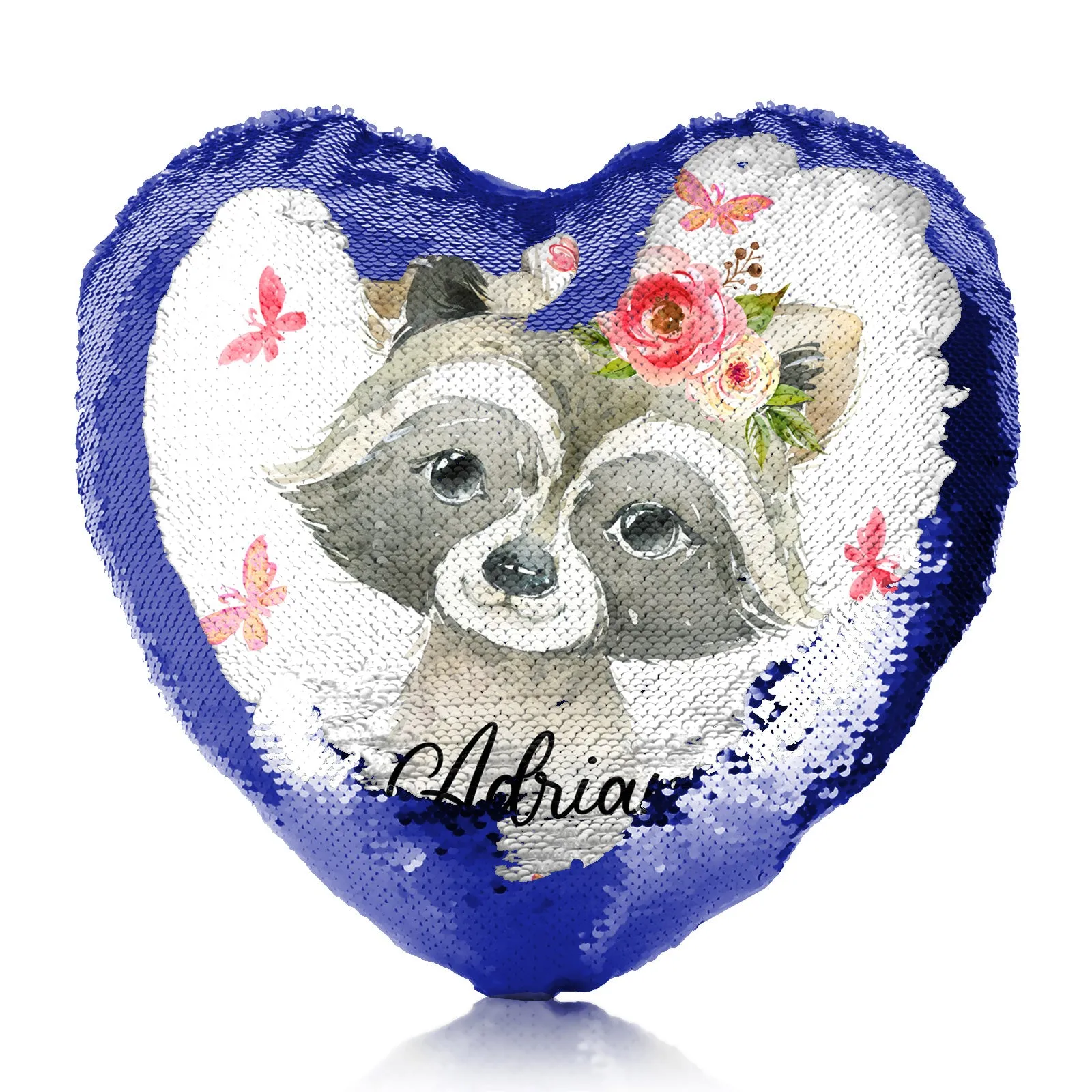 Personalised Sequin Heart Cushion with Raccoon Pink Butterfly Flowers and Cute Text