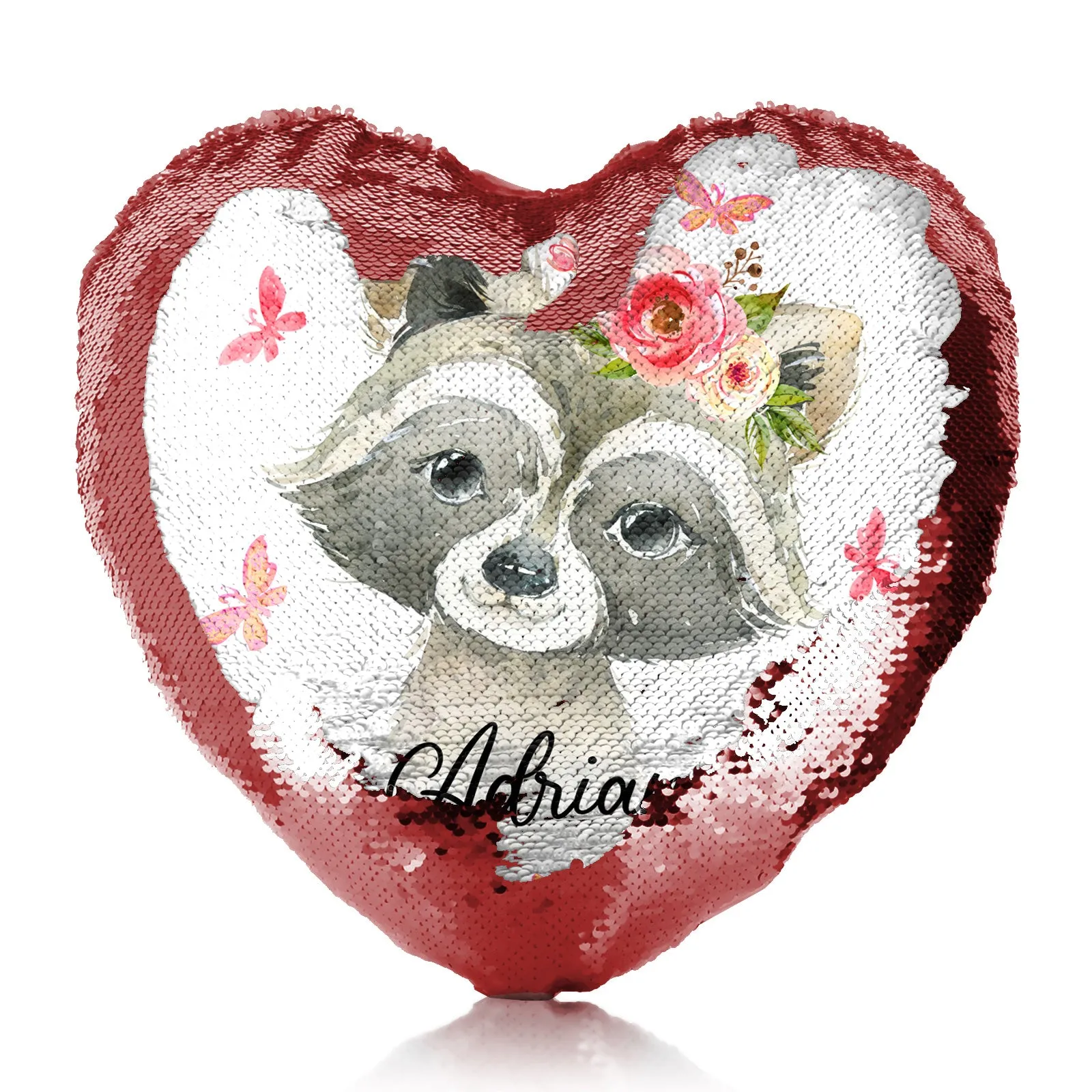 Personalised Sequin Heart Cushion with Raccoon Pink Butterfly Flowers and Cute Text