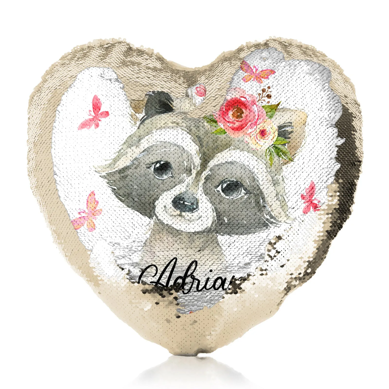 Personalised Sequin Heart Cushion with Raccoon Pink Butterfly Flowers and Cute Text