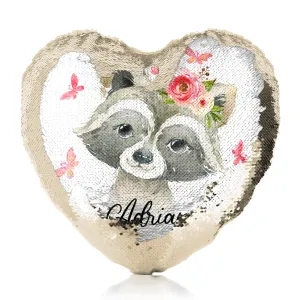 Personalised Sequin Heart Cushion with Raccoon Pink Butterfly Flowers and Cute Text