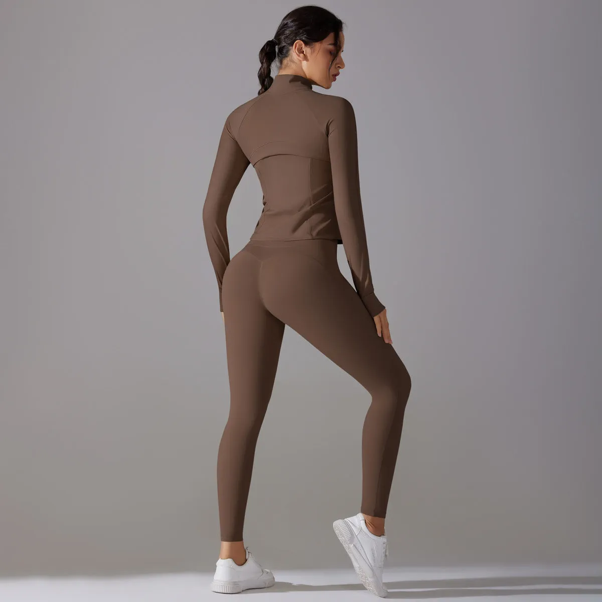 Sleek Solid Color Zipper Jacket and Fitness Leggings Two-Piece Yoga Suit