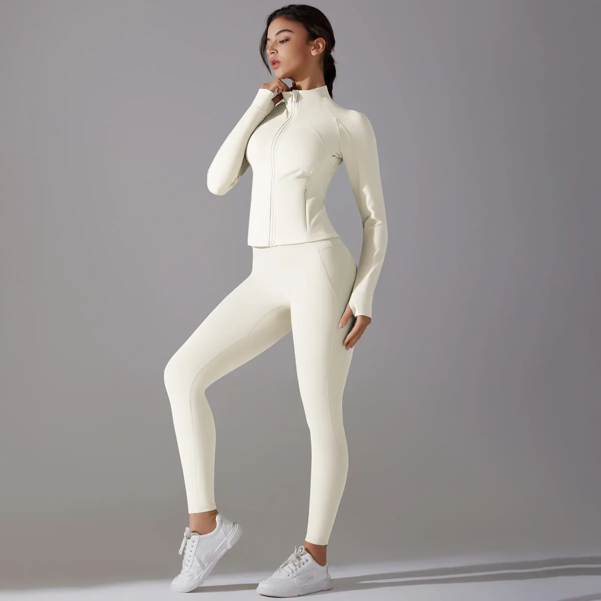 Sleek Solid Color Zipper Jacket and Fitness Leggings Two-Piece Yoga Suit