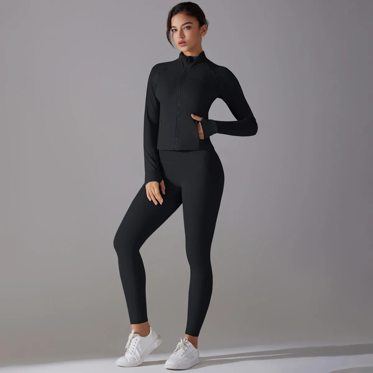 Sleek Solid Color Zipper Jacket and Fitness Leggings Two-Piece Yoga Suit