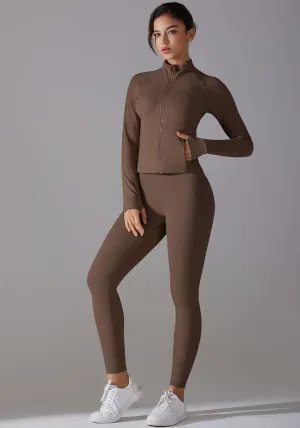 Sleek Solid Color Zipper Jacket and Fitness Leggings Two-Piece Yoga Suit