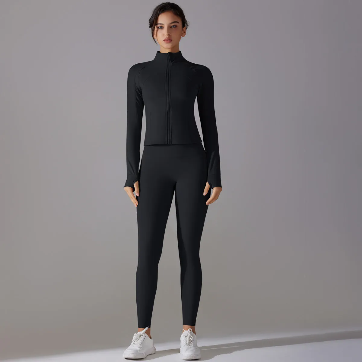 Sleek Solid Color Zipper Jacket and Fitness Leggings Two-Piece Yoga Suit