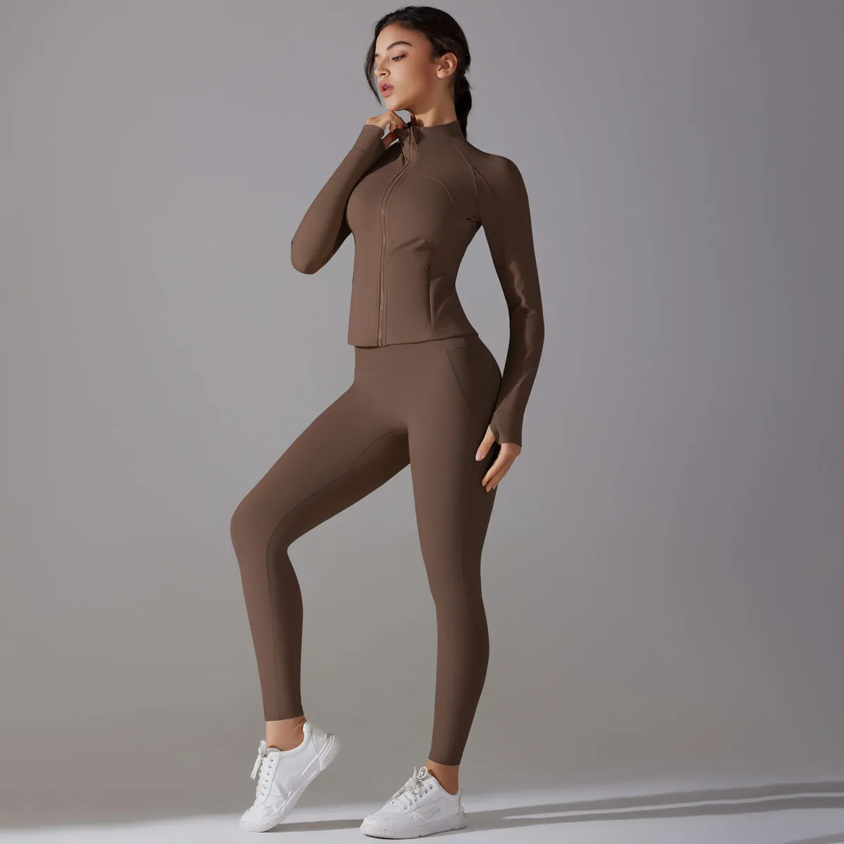 Sleek Solid Color Zipper Jacket and Fitness Leggings Two-Piece Yoga Suit