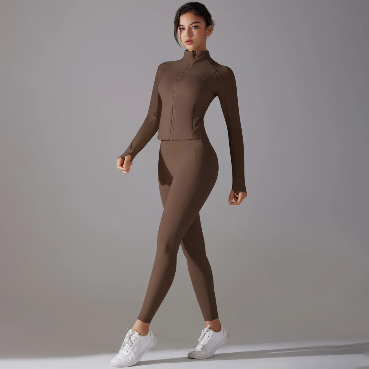 Sleek Solid Color Zipper Jacket and Fitness Leggings Two-Piece Yoga Suit