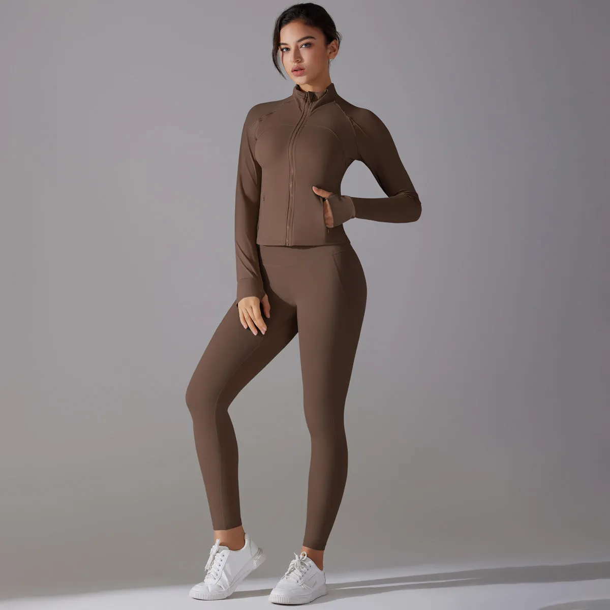 Sleek Solid Color Zipper Jacket and Fitness Leggings Two-Piece Yoga Suit