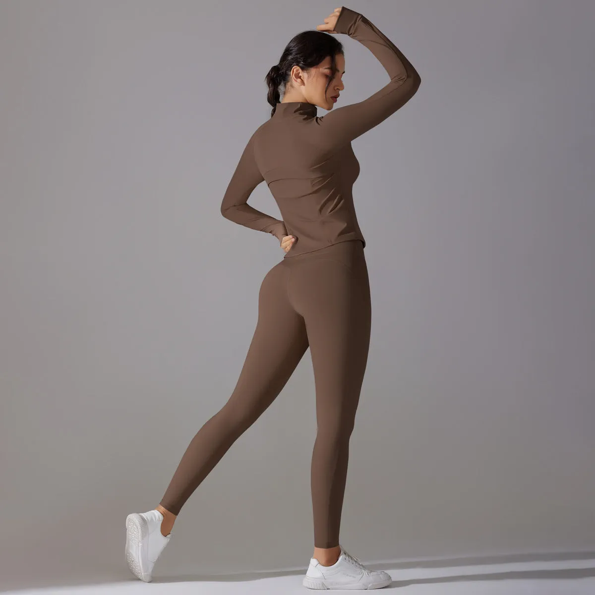 Sleek Solid Color Zipper Jacket and Fitness Leggings Two-Piece Yoga Suit