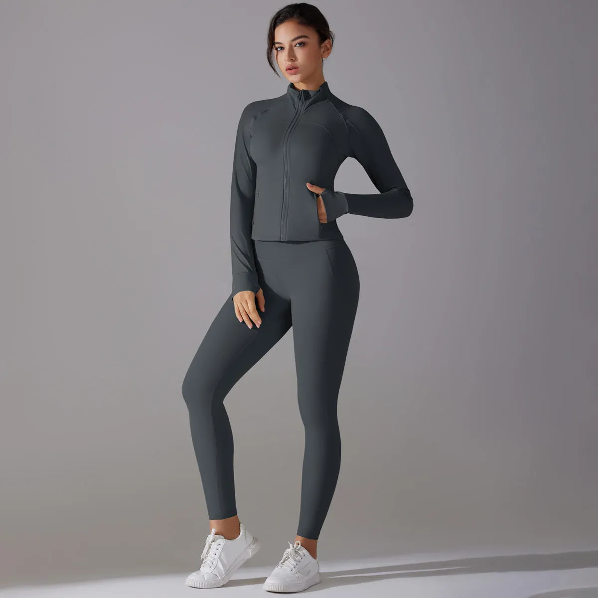 Sleek Solid Color Zipper Jacket and Fitness Leggings Two-Piece Yoga Suit