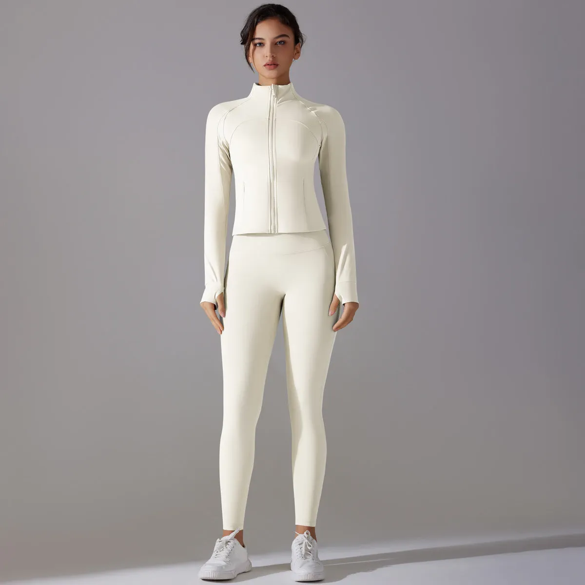Sleek Solid Color Zipper Jacket and Fitness Leggings Two-Piece Yoga Suit