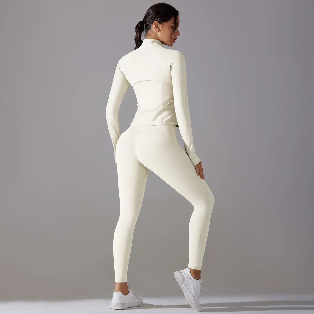 Sleek Solid Color Zipper Jacket and Fitness Leggings Two-Piece Yoga Suit