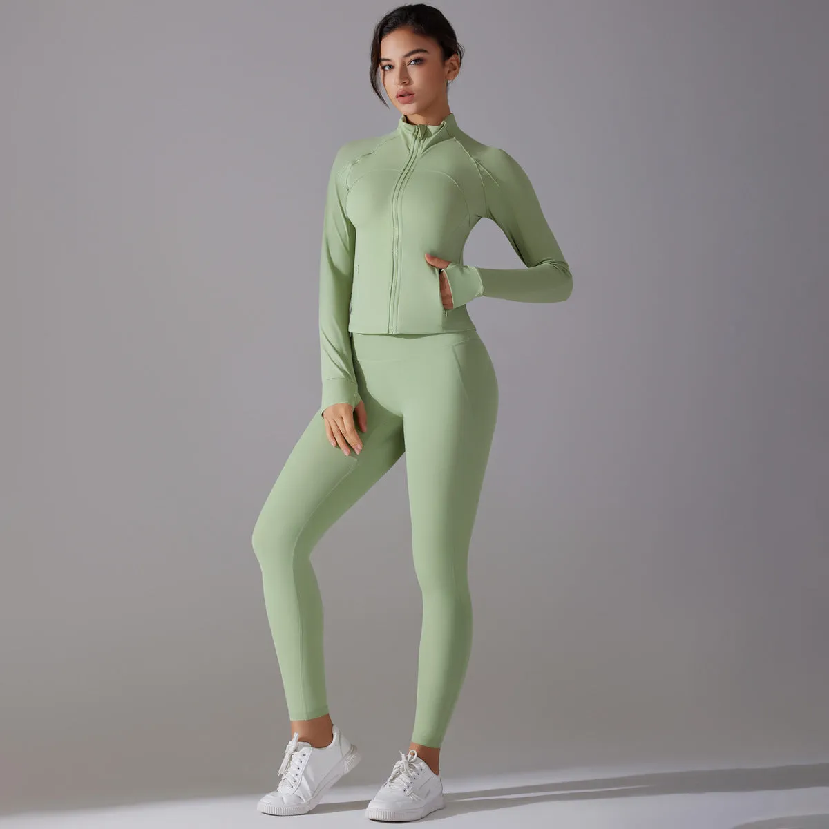 Sleek Solid Color Zipper Jacket and Fitness Leggings Two-Piece Yoga Suit