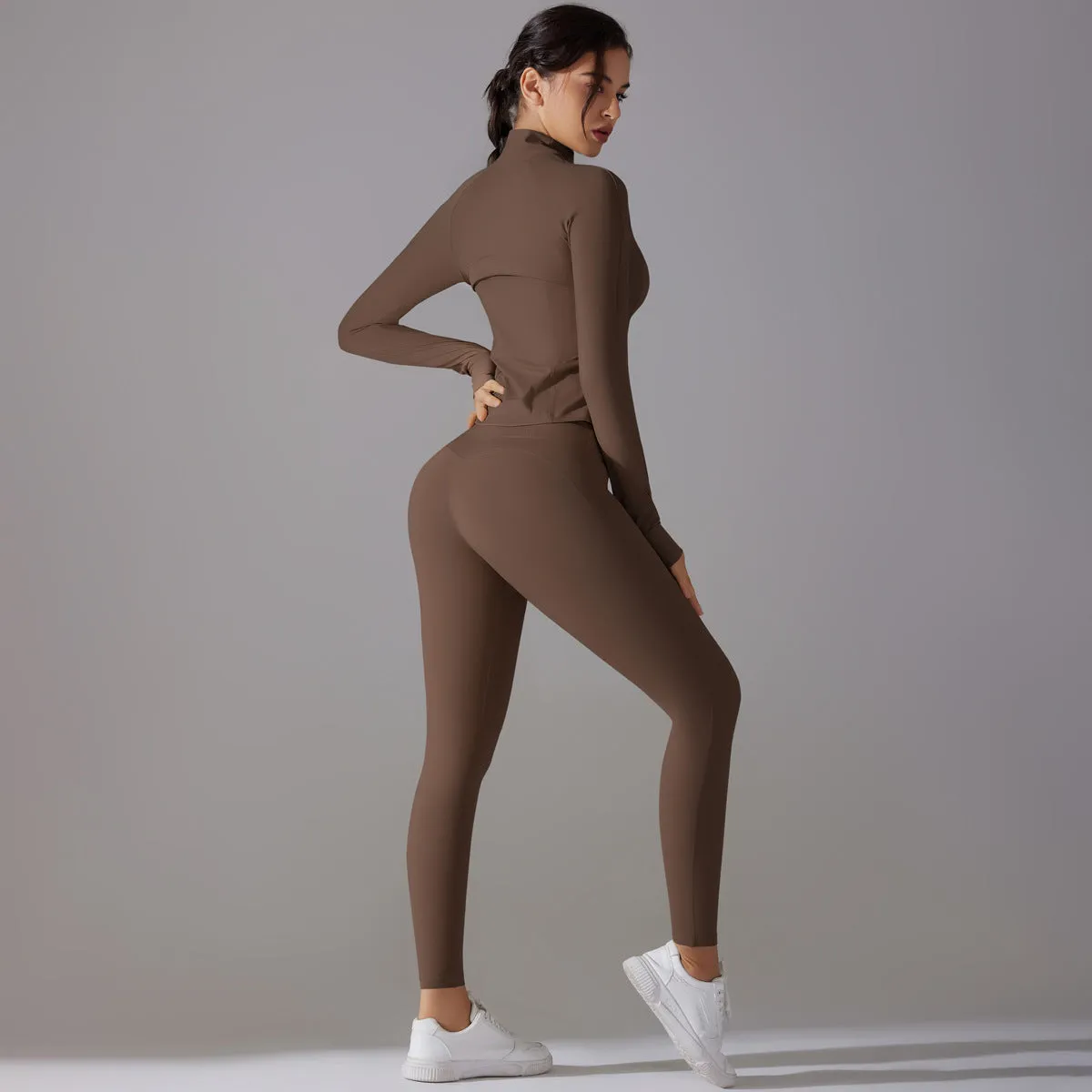 Sleek Solid Color Zipper Jacket and Fitness Leggings Two-Piece Yoga Suit