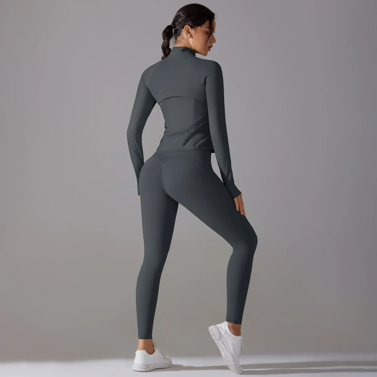 Sleek Solid Color Zipper Jacket and Fitness Leggings Two-Piece Yoga Suit