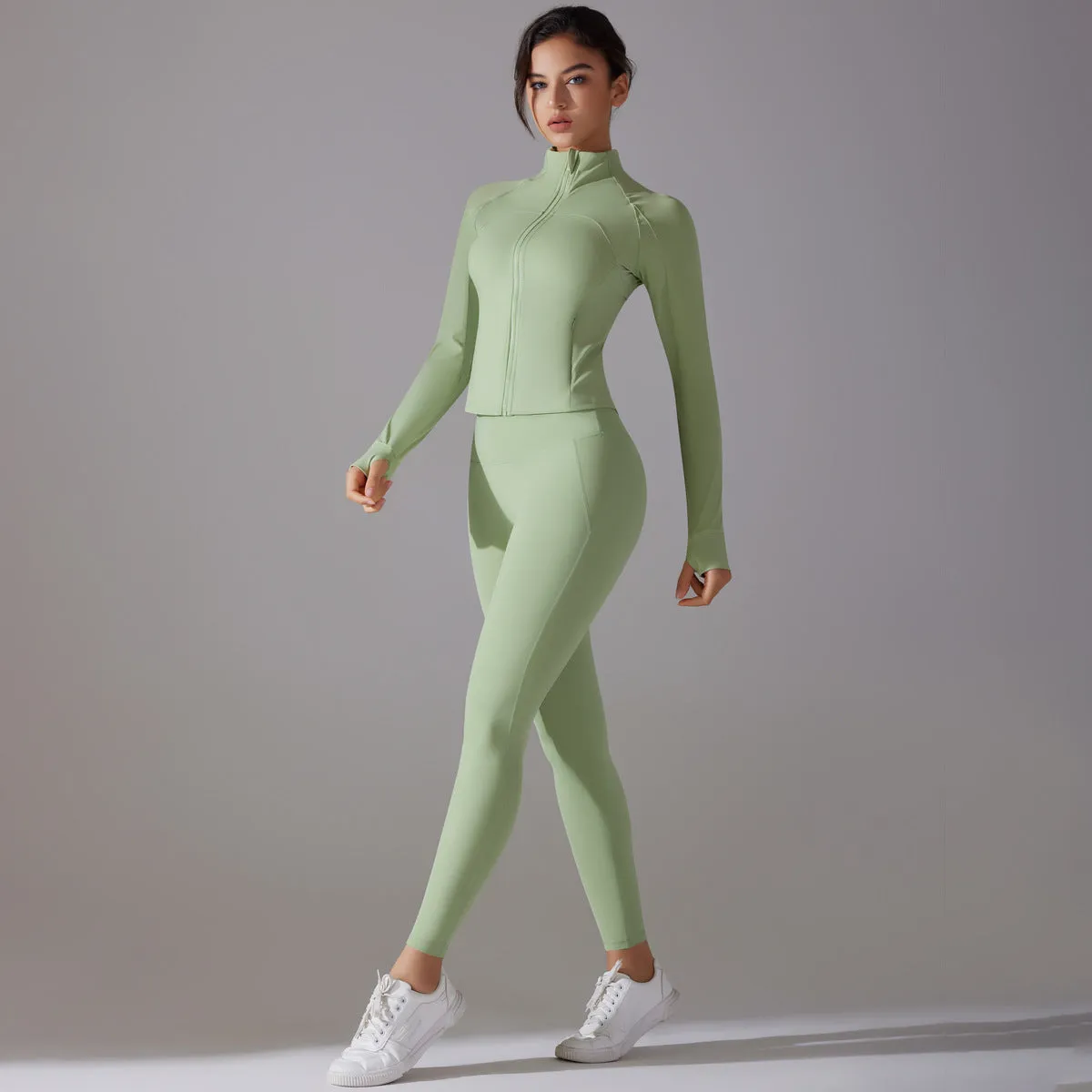 Sleek Solid Color Zipper Jacket and Fitness Leggings Two-Piece Yoga Suit