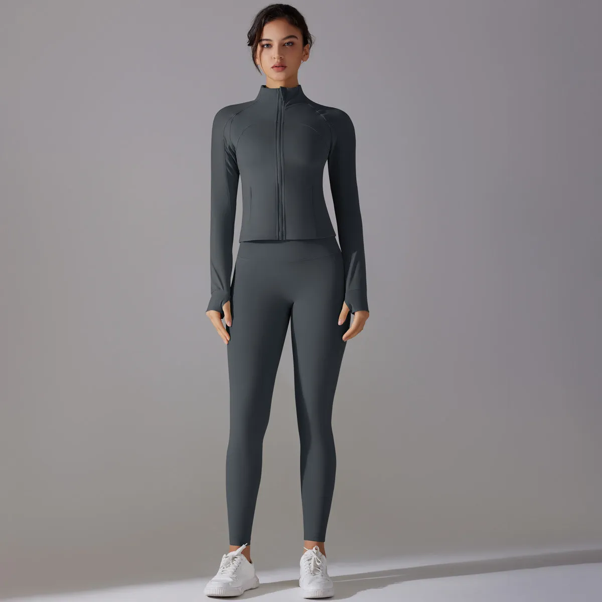 Sleek Solid Color Zipper Jacket and Fitness Leggings Two-Piece Yoga Suit