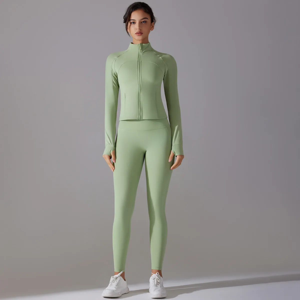 Sleek Solid Color Zipper Jacket and Fitness Leggings Two-Piece Yoga Suit
