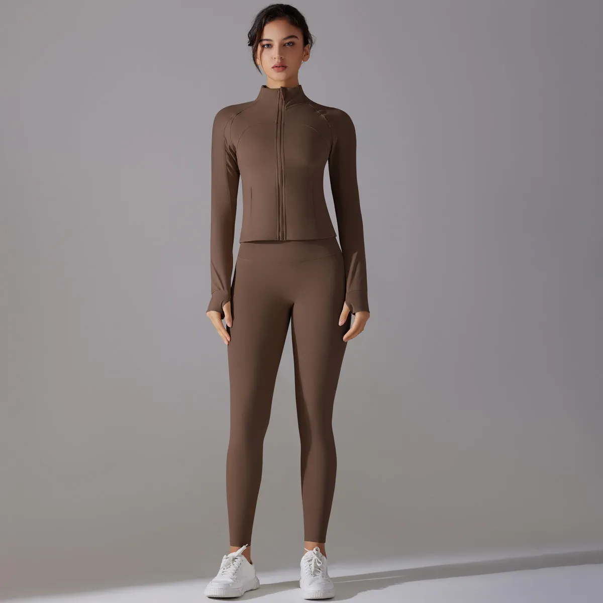 Sleek Solid Color Zipper Jacket and Fitness Leggings Two-Piece Yoga Suit