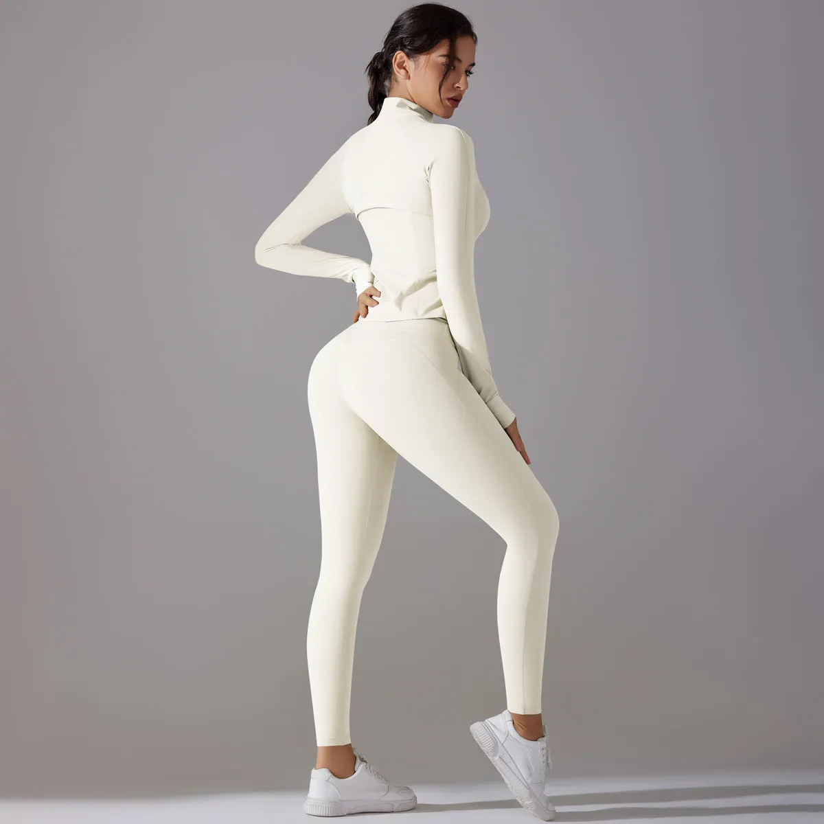 Sleek Solid Color Zipper Jacket and Fitness Leggings Two-Piece Yoga Suit
