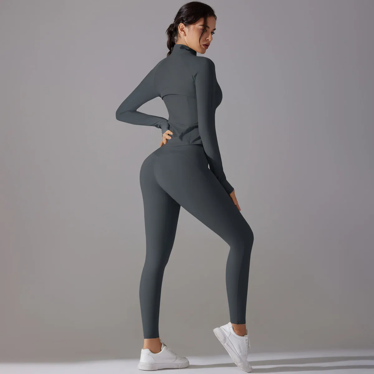 Sleek Solid Color Zipper Jacket and Fitness Leggings Two-Piece Yoga Suit