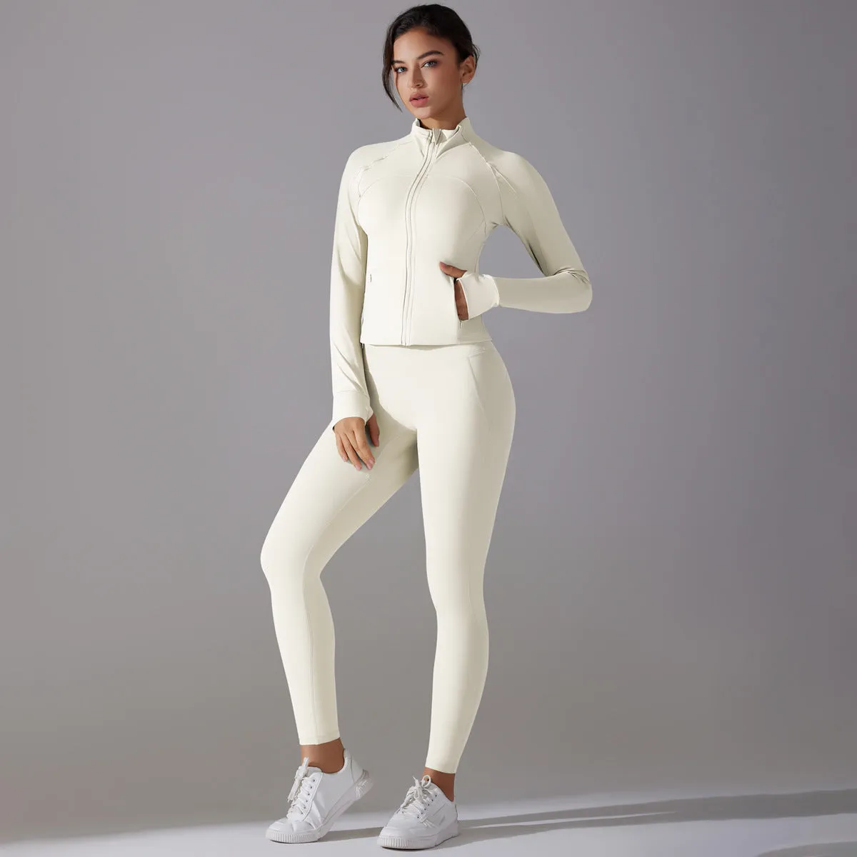 Sleek Solid Color Zipper Jacket and Fitness Leggings Two-Piece Yoga Suit