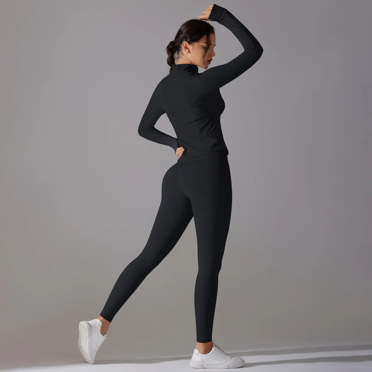 Sleek Solid Color Zipper Jacket and Fitness Leggings Two-Piece Yoga Suit