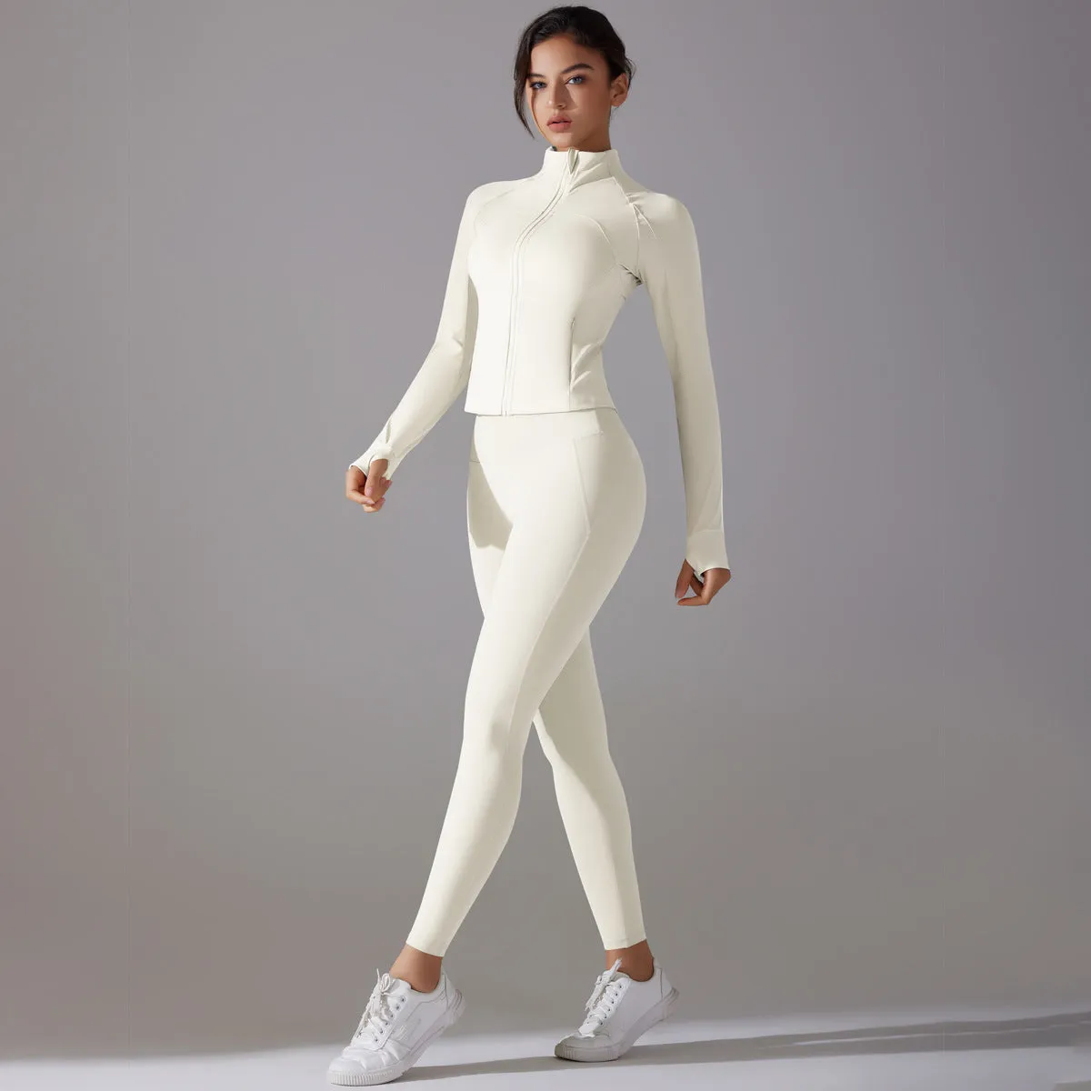 Sleek Solid Color Zipper Jacket and Fitness Leggings Two-Piece Yoga Suit
