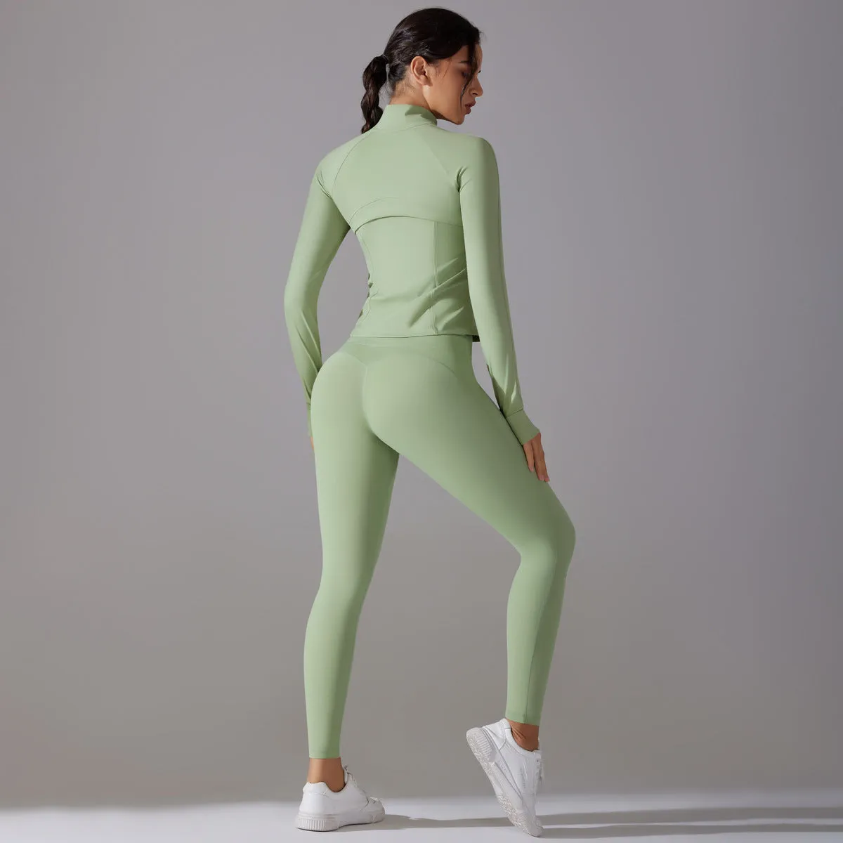 Sleek Solid Color Zipper Jacket and Fitness Leggings Two-Piece Yoga Suit