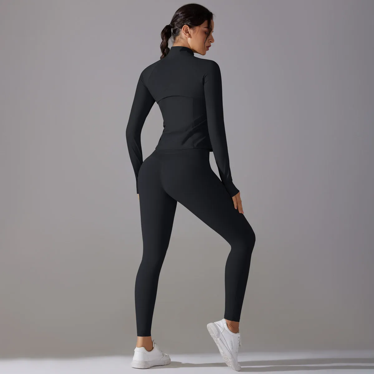 Sleek Solid Color Zipper Jacket and Fitness Leggings Two-Piece Yoga Suit