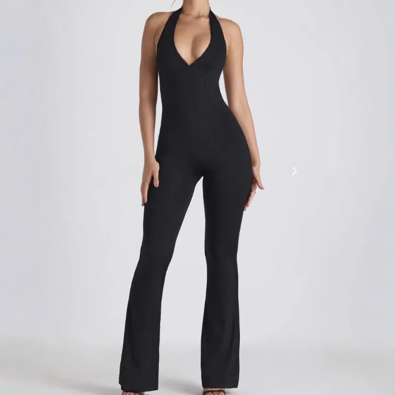 Solid Color Low Cut Stretchy Tight Sleeveless Jumpsuit